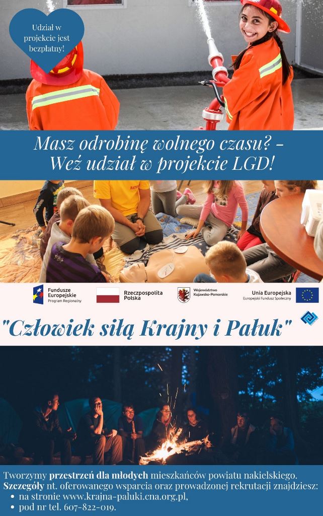 plakat: na górze dwoje dzieci w strojach strażaka, niżej dzieci skupione wokół ratownika uczą się udzielać pierwszej pomocy, na dole młodzież siedząca przy ognisku