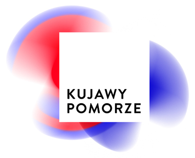 logo województwa kujawsko-pomorskiego. Napis Kujawy Pomorze na biało-czerwono-niebiskim tle.