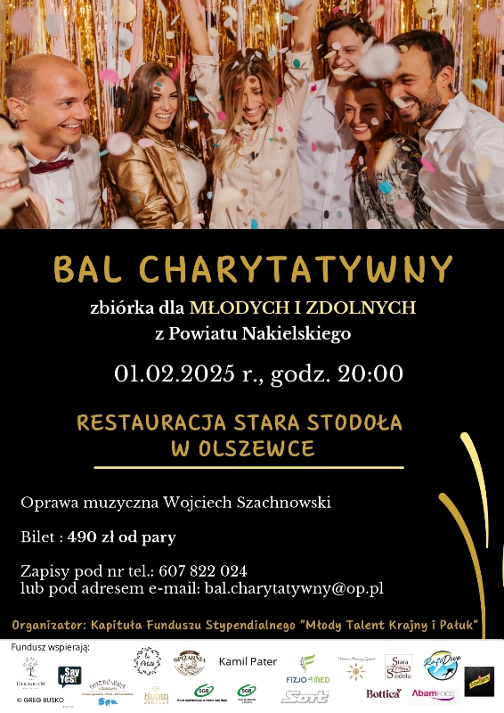 Plakat zapraszający na Bal charytatywny 1 lutego 2025 r. Szczegóły pod nr tel. 607-822-024.