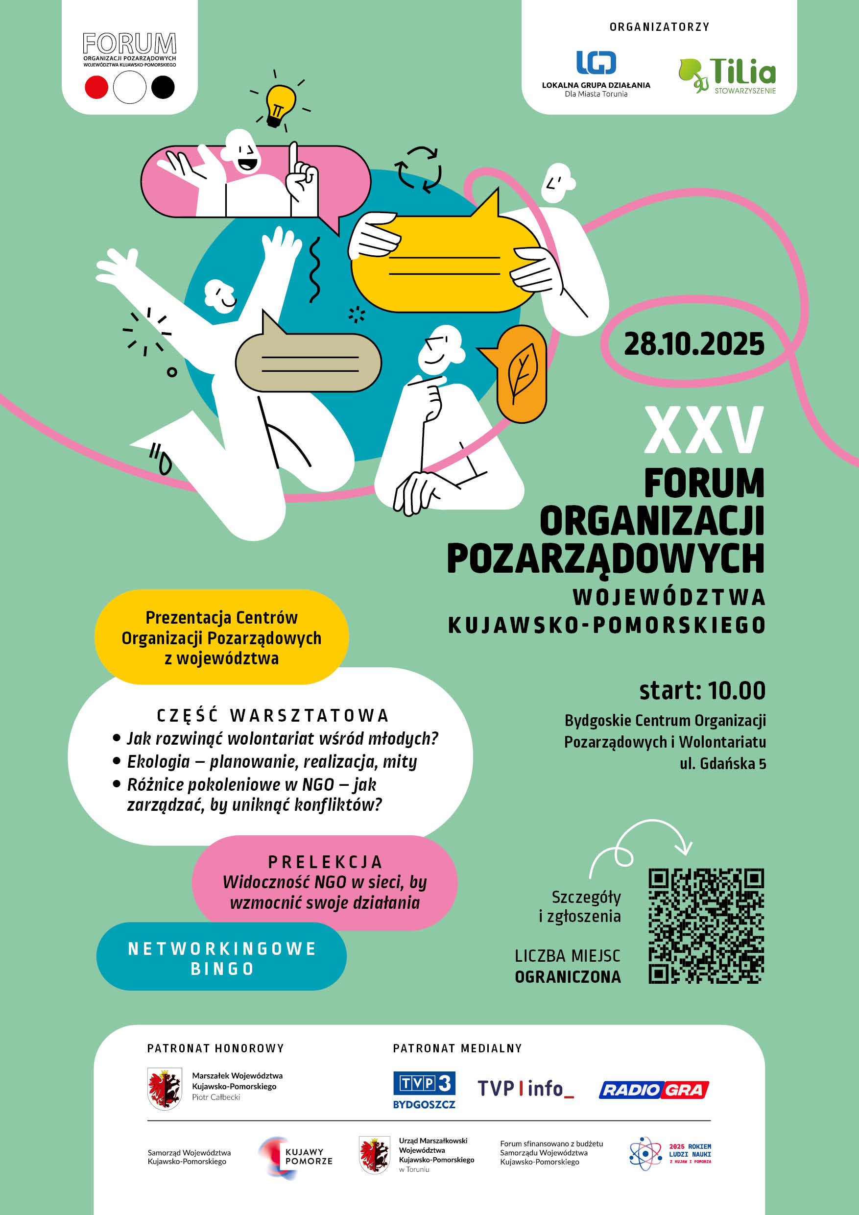 Plakat z informacjami o Forum NGO, w tym kod QR do formularza rejestracyjnego.