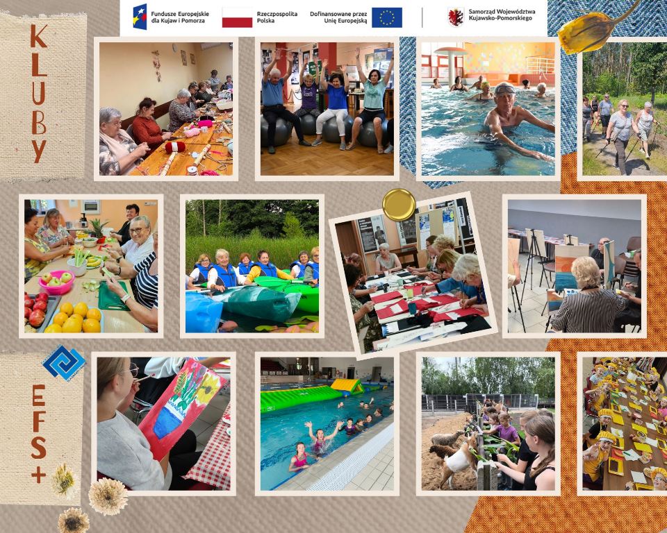 Kolaż ze zdjęciami z różnych aktywności dzieci i młodzieży oraz seniorów w ramach klubów seniora i klubów młodzieżowych.