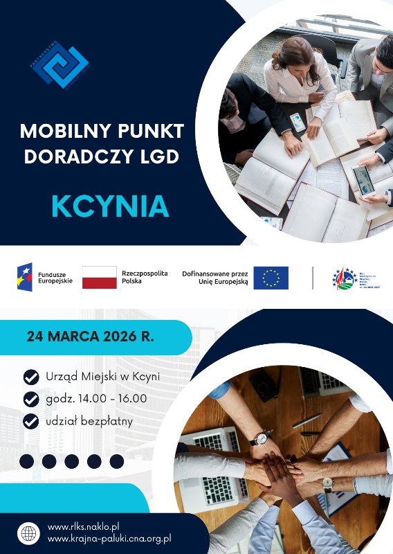 Plakat promujący Mobilny Punkt Doradczy LGD z infomacją, kiedy będzie czynny i gdzie - zgodnie z informacjami w artykule. Obok zdjęcie z lotu ptaka osób pracujących razem nad projektem.
